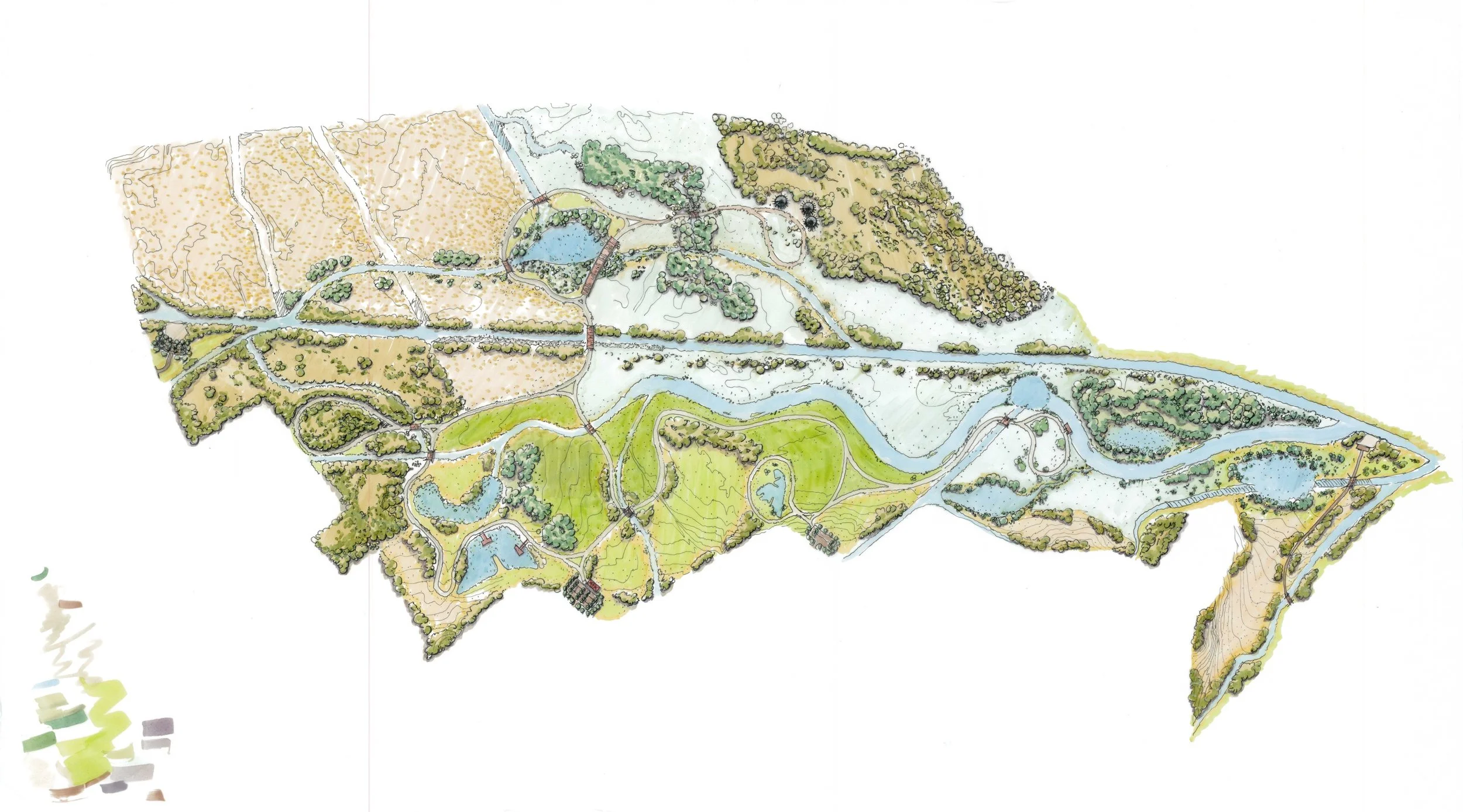 Pen + Marker on Bumwad. Original site master plan for Middle Fork Bottoms State Park, TN. 2018