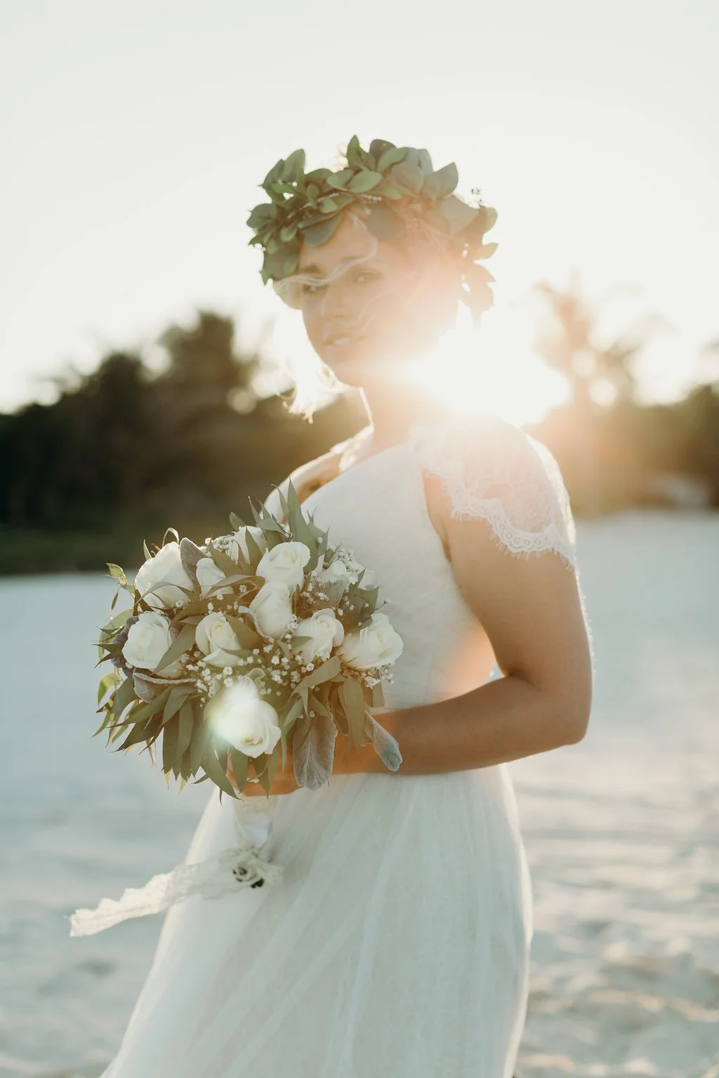 Destination wedding, bride on beach, bridal bouquet