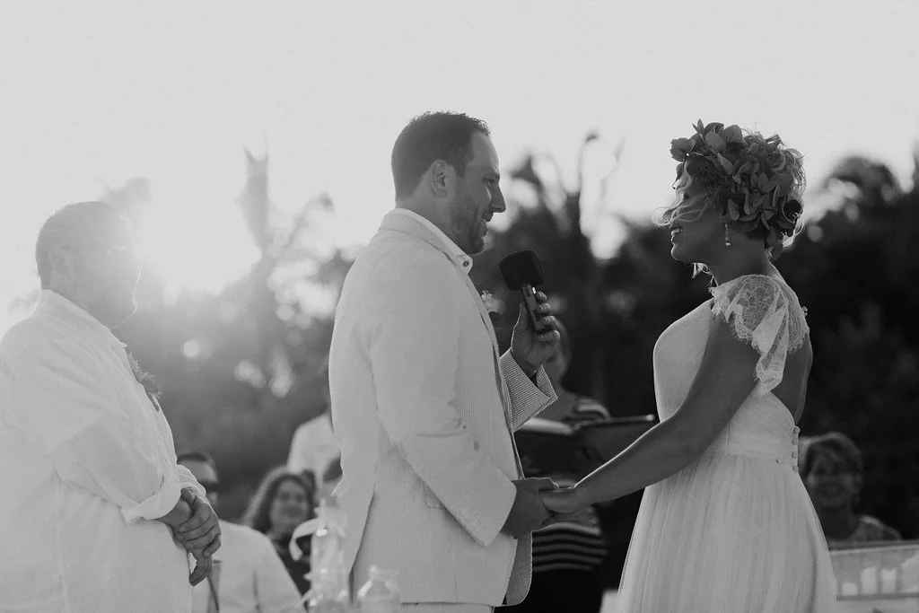 Black and white of destination wedding, wedding couple on beach, Secrets Maroma, Riviera Maya, Mexico