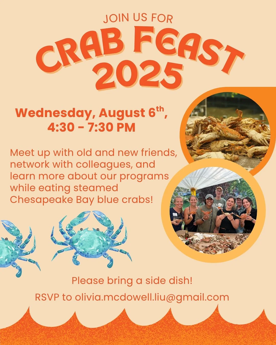 🦀Mark your calendars!🦀

Join us on Wednesday, August 6th, 4:30-7:30pm for our annual Crab Feast!

There will be steamed Chesapeake Bay blue crabs, music, drinks, and time to network with old and new friends.🎶🍻

Please bring a side dish and learn 