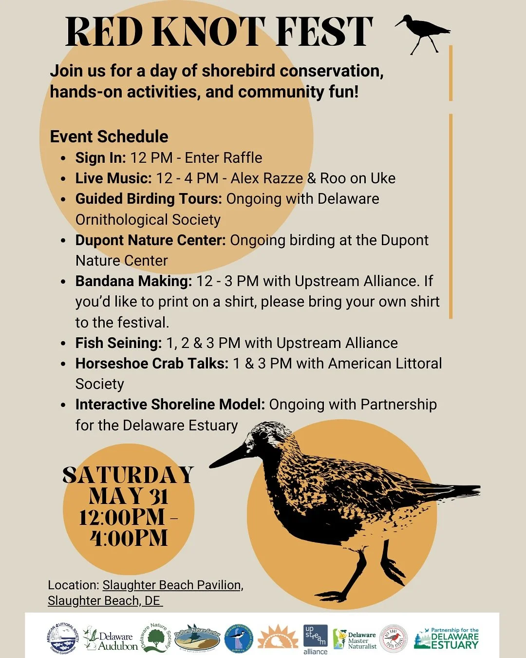 Red Knot Fest 2025 is coming to Slaughter Beach!🪶

When: Saturday, May 31st
Time: 12pm - 4pm
Location: Slaughter Beach Pavilion, DE

Celebrate the annual migration of Red Knots and other migratory shorebirds with a day of live music, hands on activi