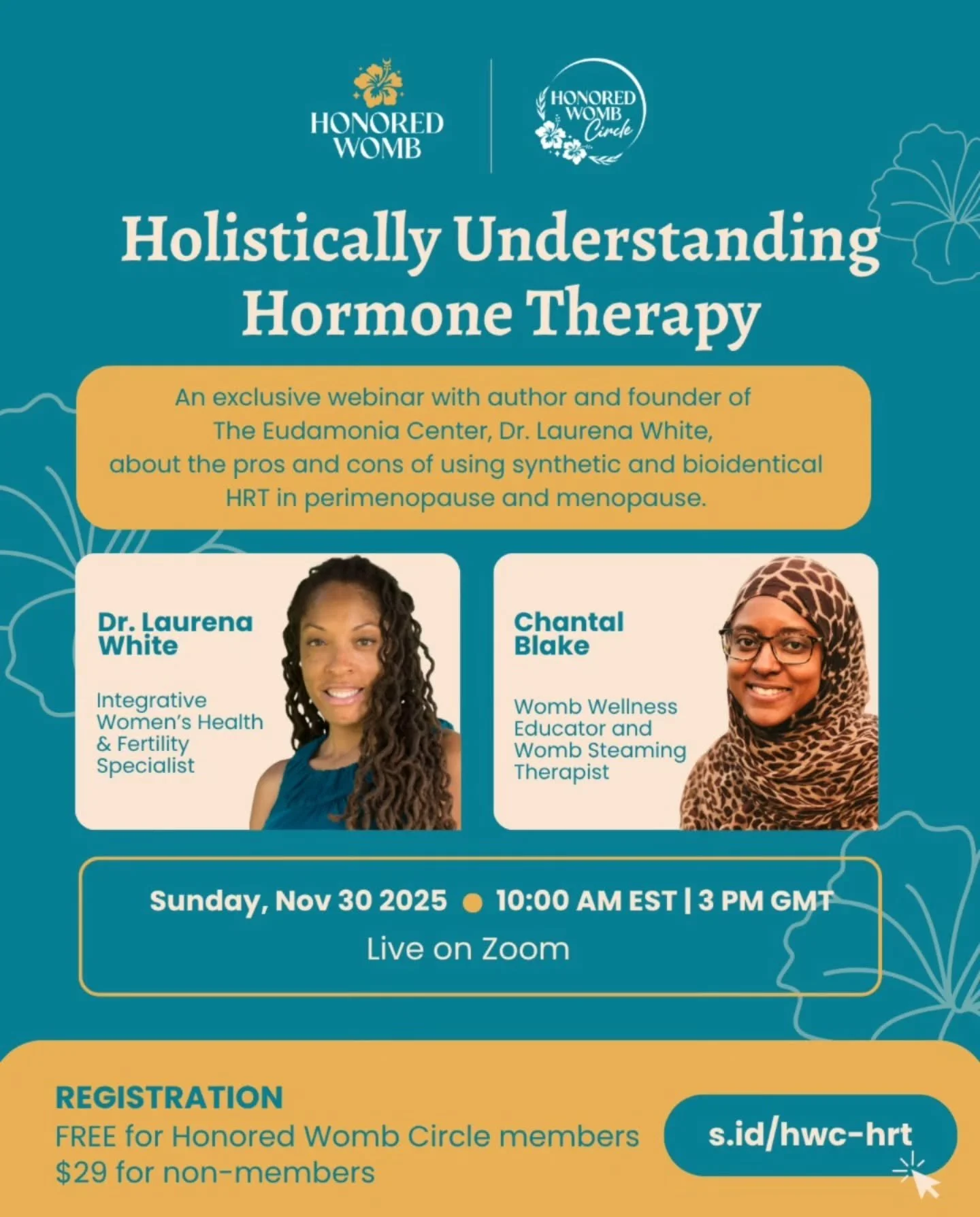 Confused about Hormone Replacement Therapy (HRT)? 🤔

Are supplemental hormones the only way to get through perimenopause peacefully? 🧐

Join us on Sunday, November 30th for an exclusive webinar with Dr. Laurena White, founder of @theeudaimoniacente