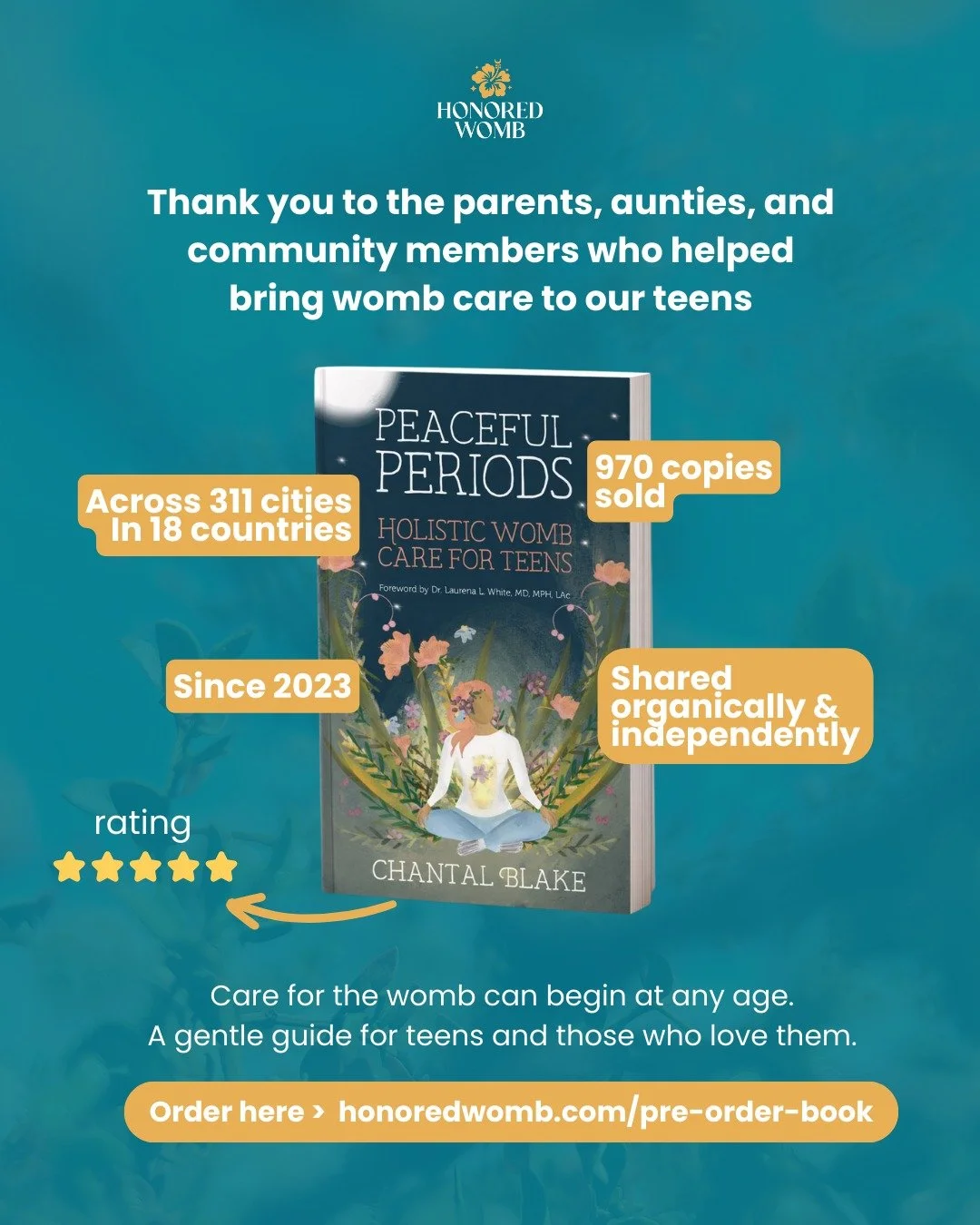 Thank you all for your support of my first book, Peaceful Periods: Holistic Womb Care for Teens! 

Since September 2023, we've sold 970 books, and I'm so grateful to each and every one of you who shared my book, gifted it, or thought of buying it.

I