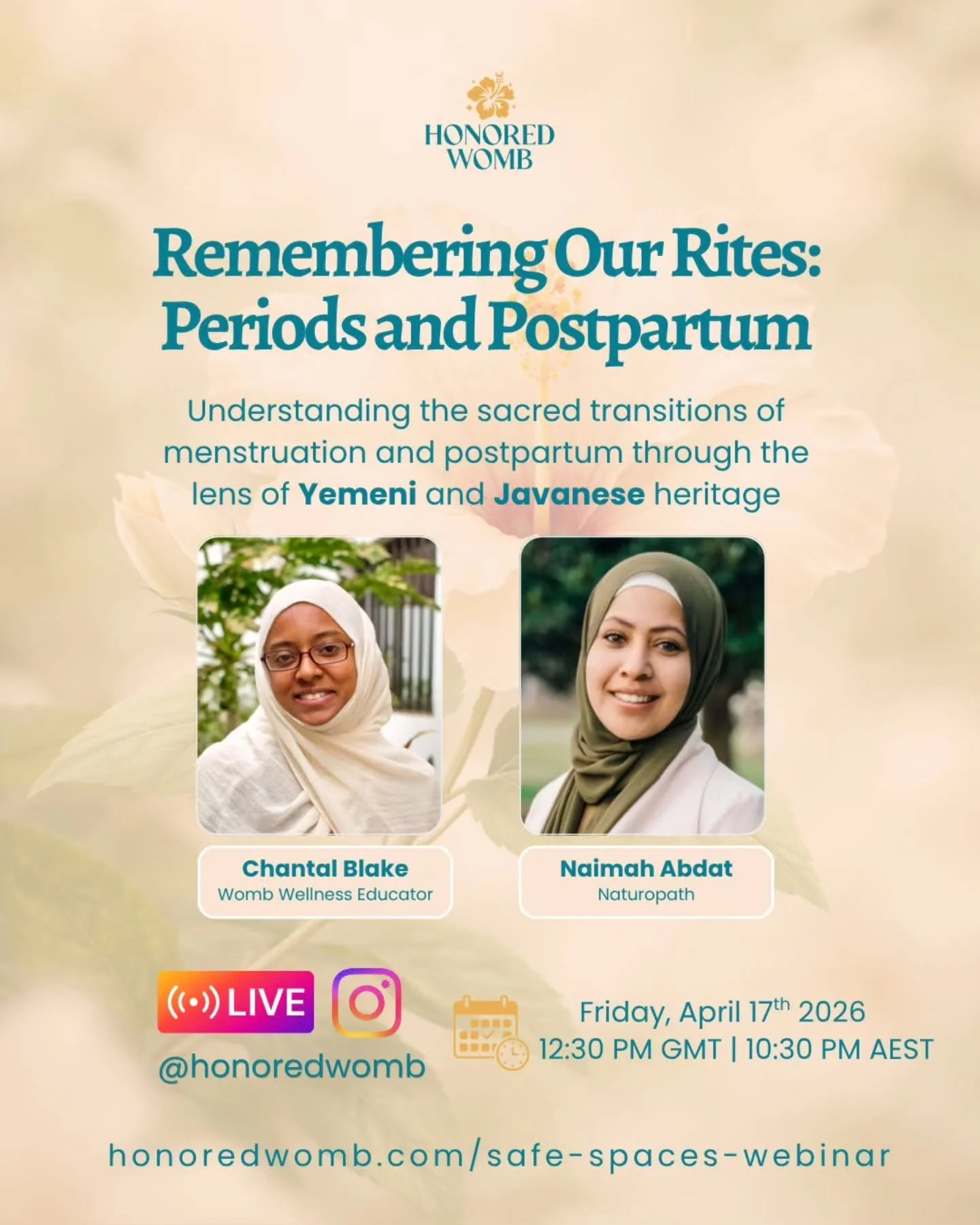 Join us tomorrow to discover first period and postpartum traditions with @naimah_naturopath , sharing from both Yemeni and Javanese heritage.

Friday, April 17 | 12:30pm GMT | 1:30pm BST | 10:30pm AEST

Tag your birth worker buddies and mamas below! 