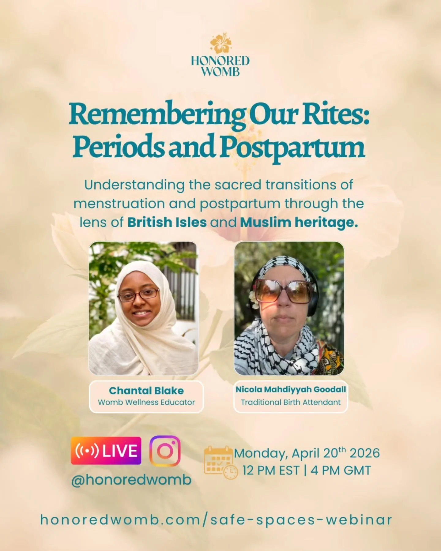 Next up: Period and Postpartum Traditions from British Isles and Muslim heritage with Sister @mahdiyyah ! 😍

Join us on Monday at 12pm EST | 4pm GMT | 5pm BST!

Tag your womb women and birth-loving folks! 👇🏾
.
.
.
#honoredwomb
#rememberingourrites