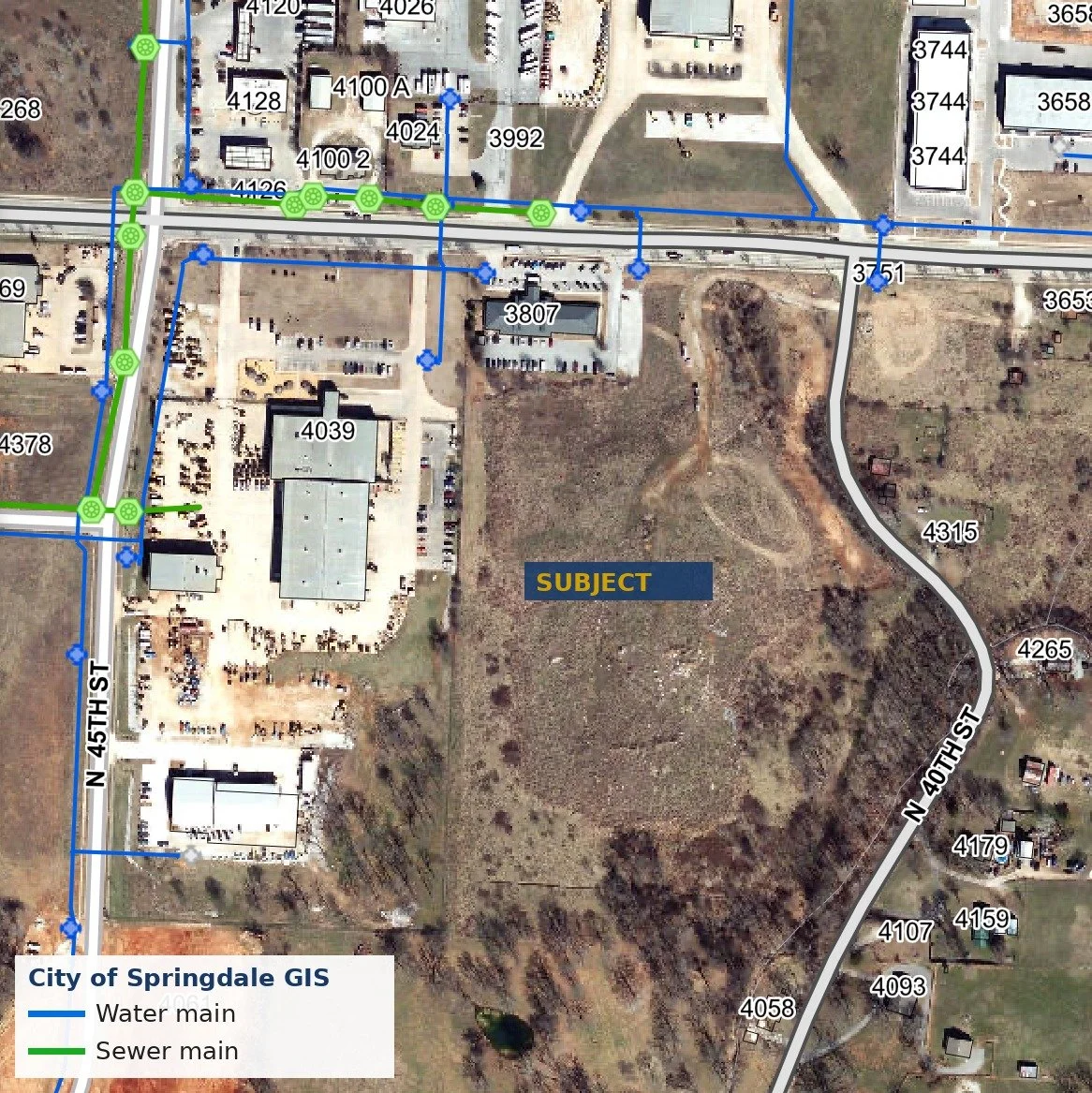 City of Springdale utility map showing water and sewer near the site