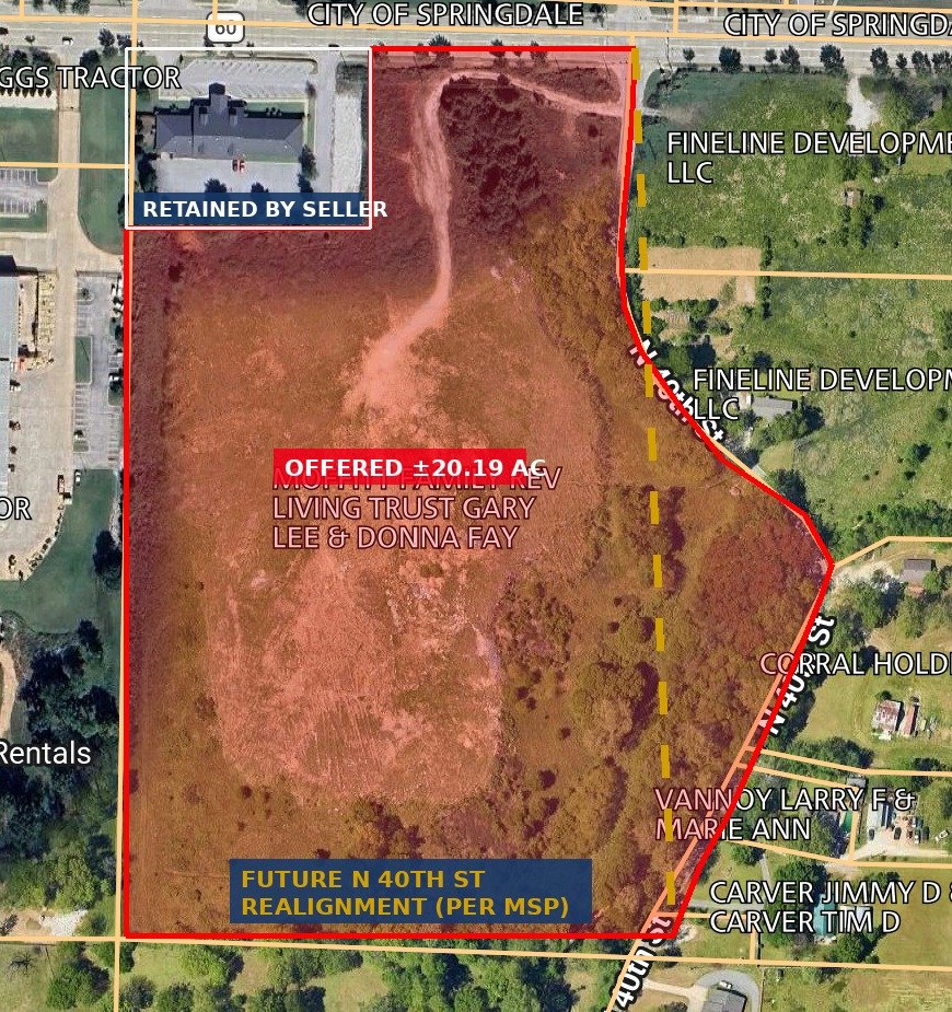 Aerial of 20.19-acre commercial development site at 4001 Wagon Wheel Rd, Springdale AR