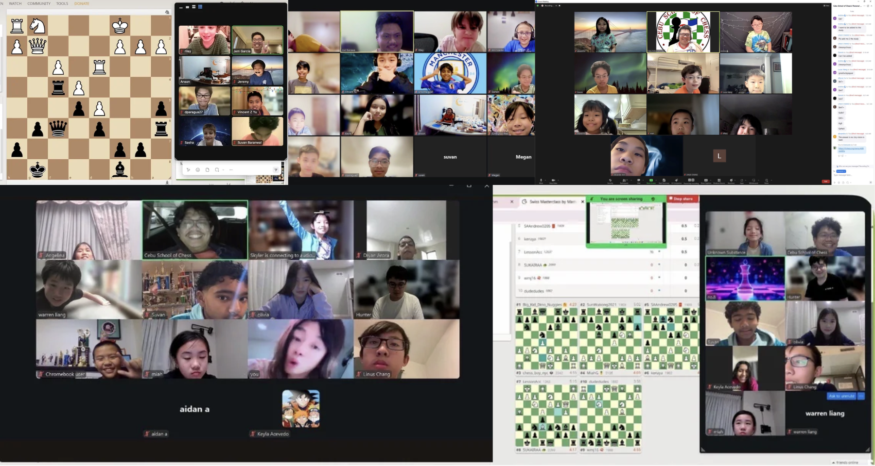 Collage of five screenshots from online children’s chess and classroom activities, showing kids playing chess, participating in virtual lessons, and chatting via video conference.