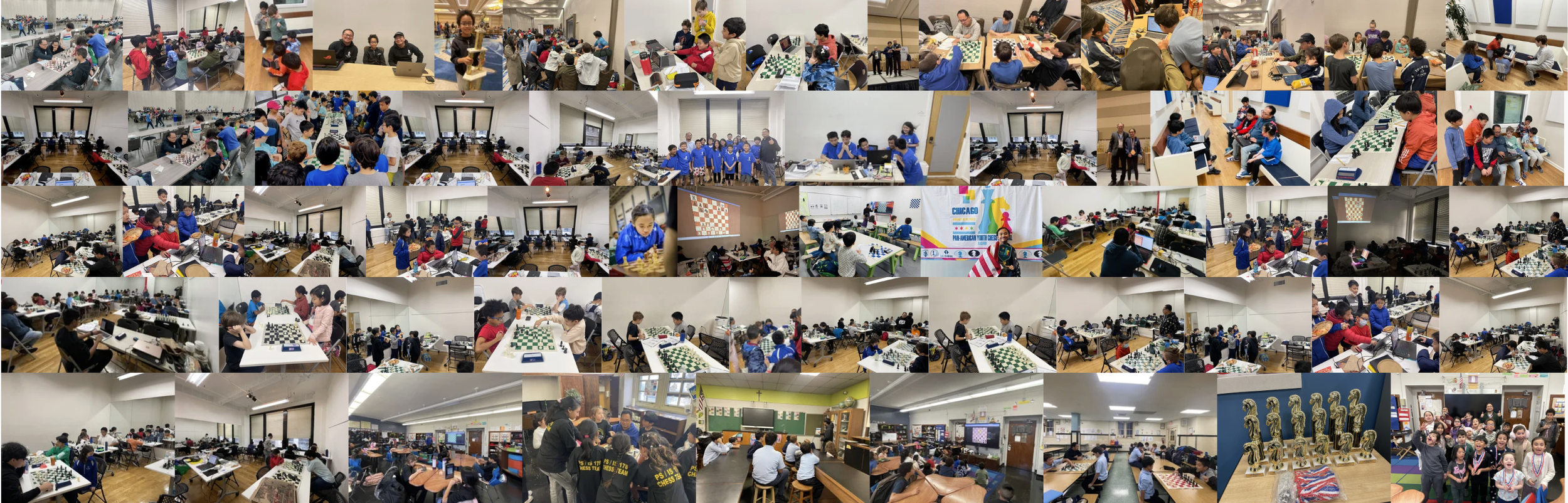 Collage of multiple photos showing children and teens playing chess indoors and at tables, participating in chess tournaments, and receiving awards, with some photos of group activities, teachers, and trophies.