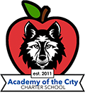 Logo for Academy of the City Charter School, featuring a wolf head silhouette in front of a red apple, with text indicating it was established in 2011 and includes the words 'Achieve, Continue, and Grow.'