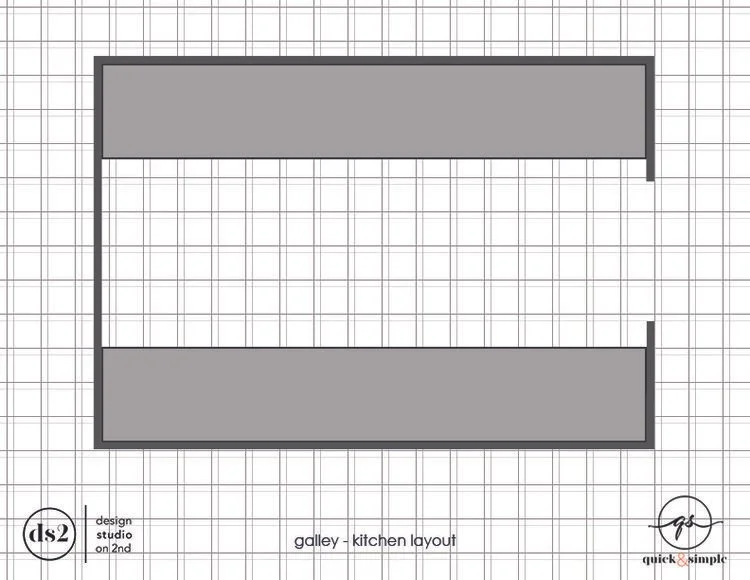 In a Galley design, you'll have two rows of cabinets that face each other. This forms a passageway vibe. Galley layouts utilize every last inch of space available. If you are unable to move walls and need to work within an existing structure, this is