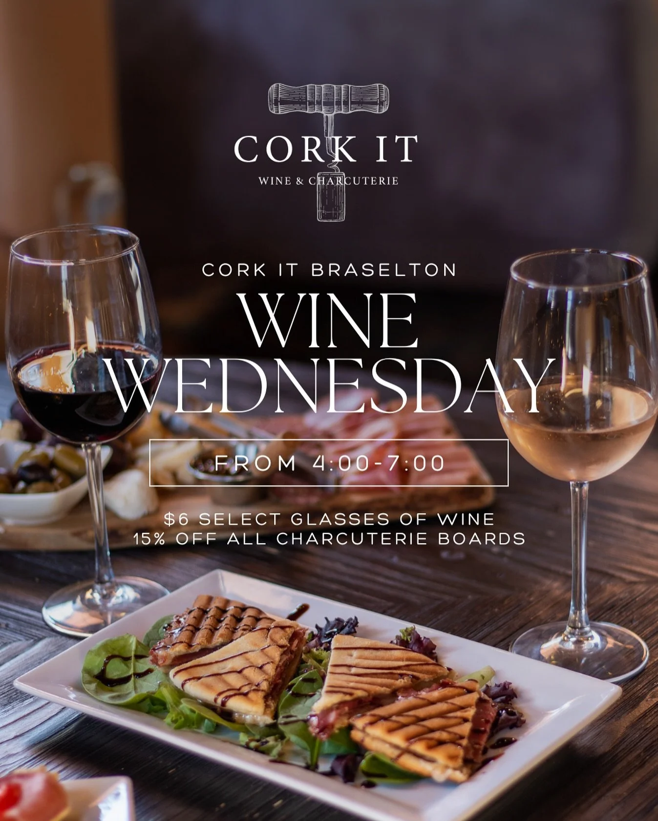 Wine Wednesday + charcuterie = a match made in heaven. 🧀🍷

Live music with Austin Coleman starts at 6:00.

#CorkitBraselton #BraseltonGA #WineBar #DrinkLocal