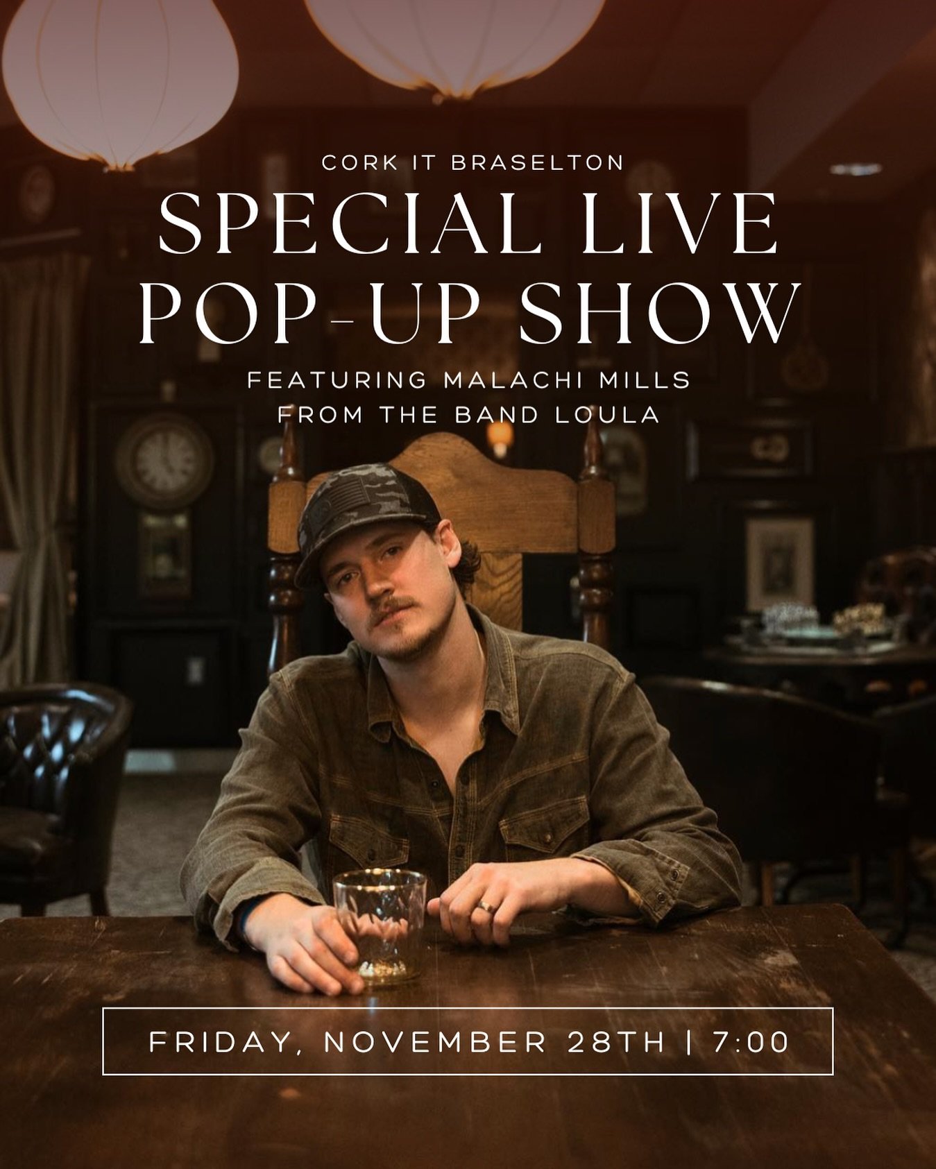 One night only 🎶 Join us November 28th at 7:00 for a special pop-up show featuring Malachi Mills of The Band Loula. 🍷 You won&rsquo;t want to miss this one.