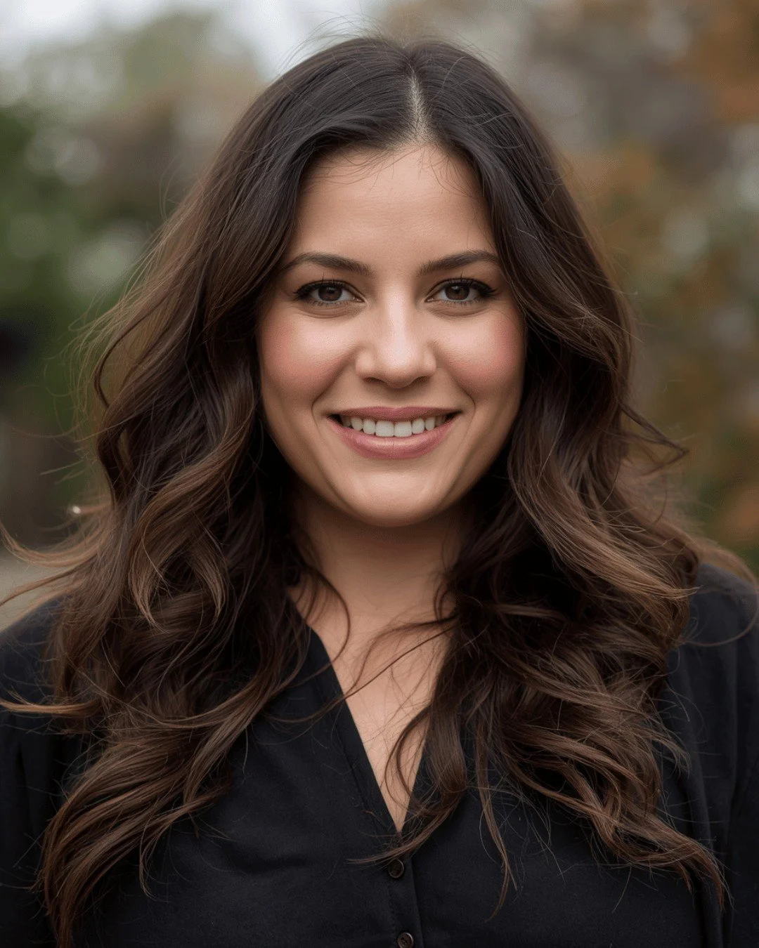 Woman Smiling with brunette dimensional colored hair.