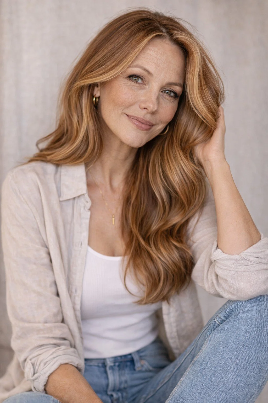 Soft strawberry copper hair with loose waves, showing warm, blended red tones and natural dimension with a low-maintenance finish.