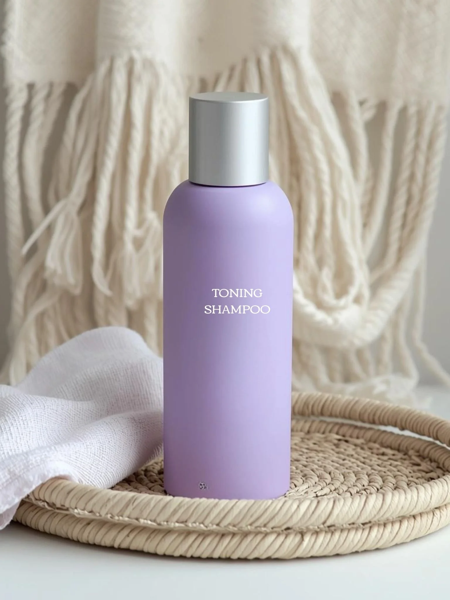 Bottle of purple toning shampoo to prevent brassiness in gray, white, or blonde hair.
