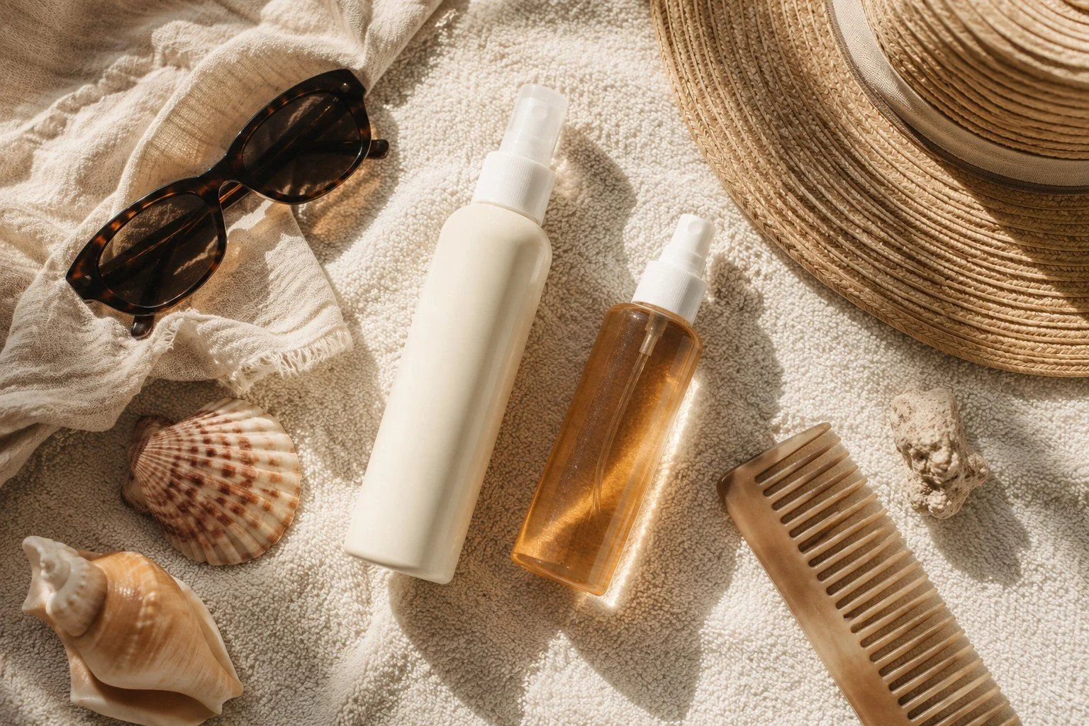 Protect your hair from the sun at the beach with leave in conditioners, SPF Hair Products, sun umbrellas, and hats.