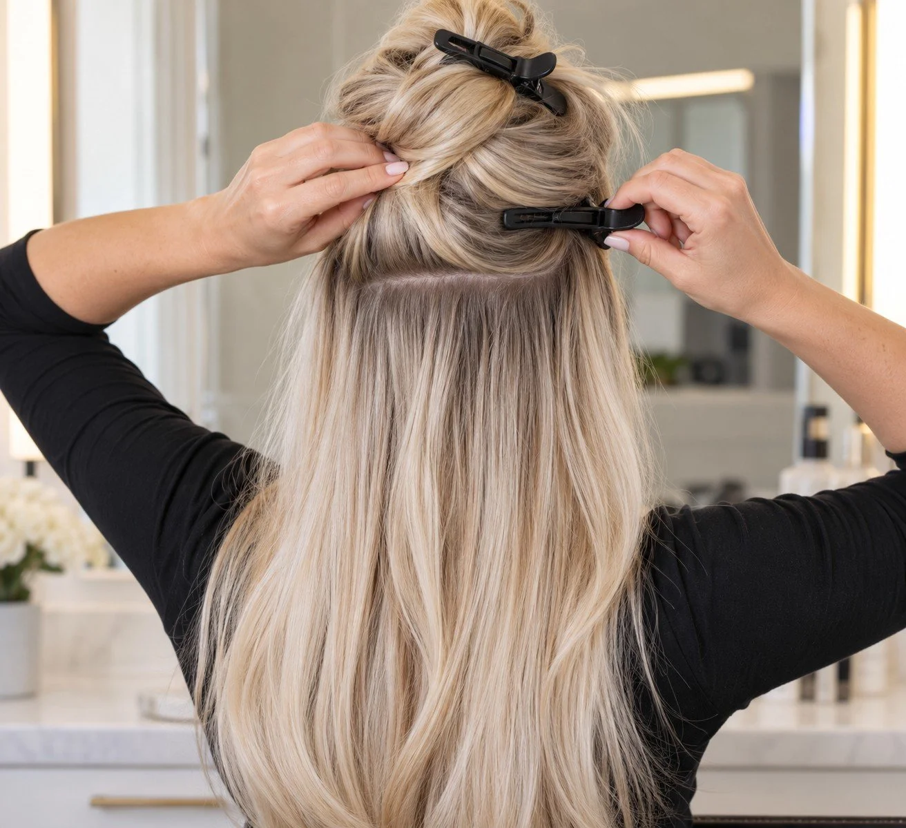 Back view of a woman with long, light blonde highlighted hair using clips to section her hair before blow-drying.