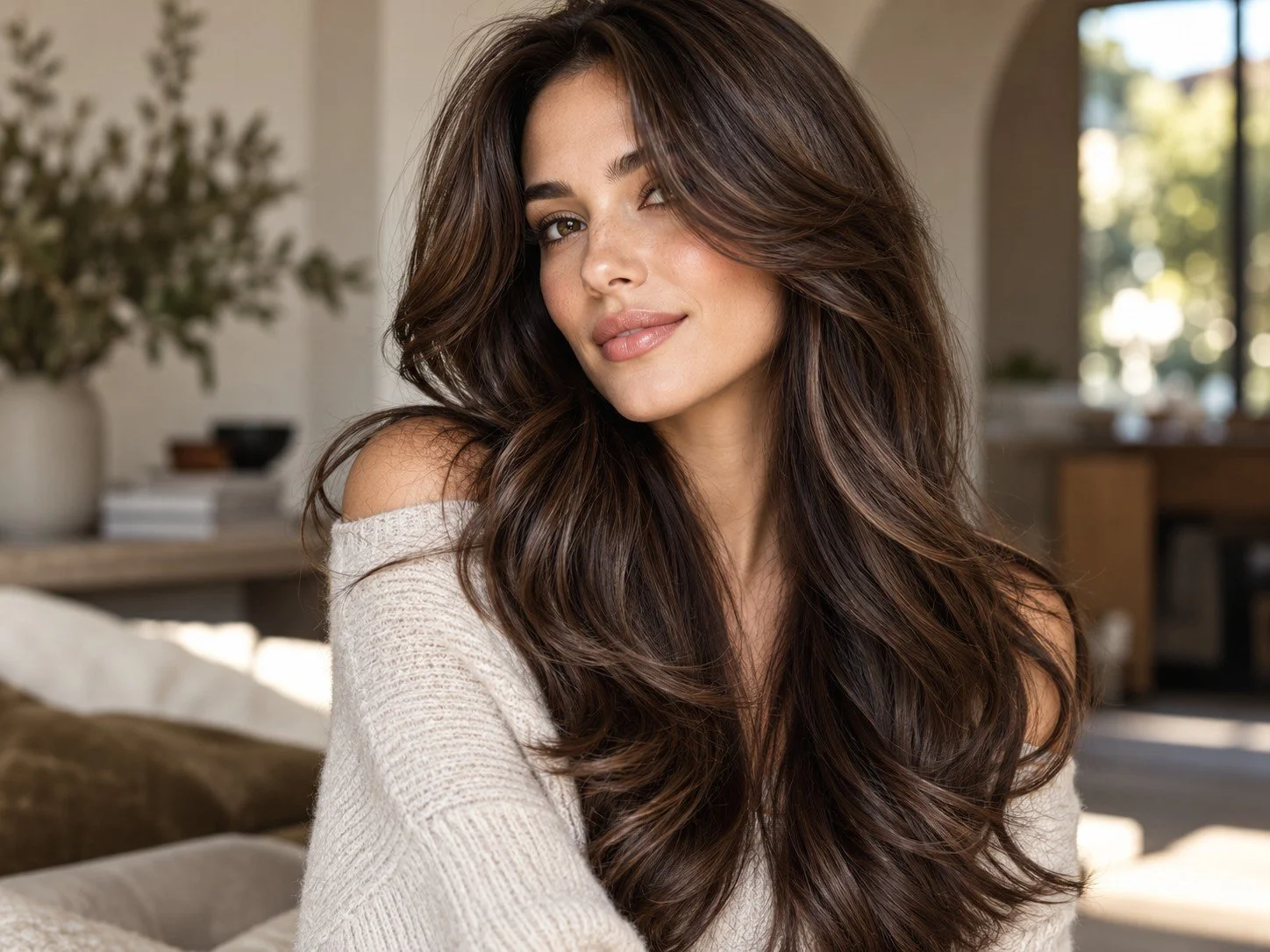 Long rich brunette hair with soft face-framing layers and dimensional color