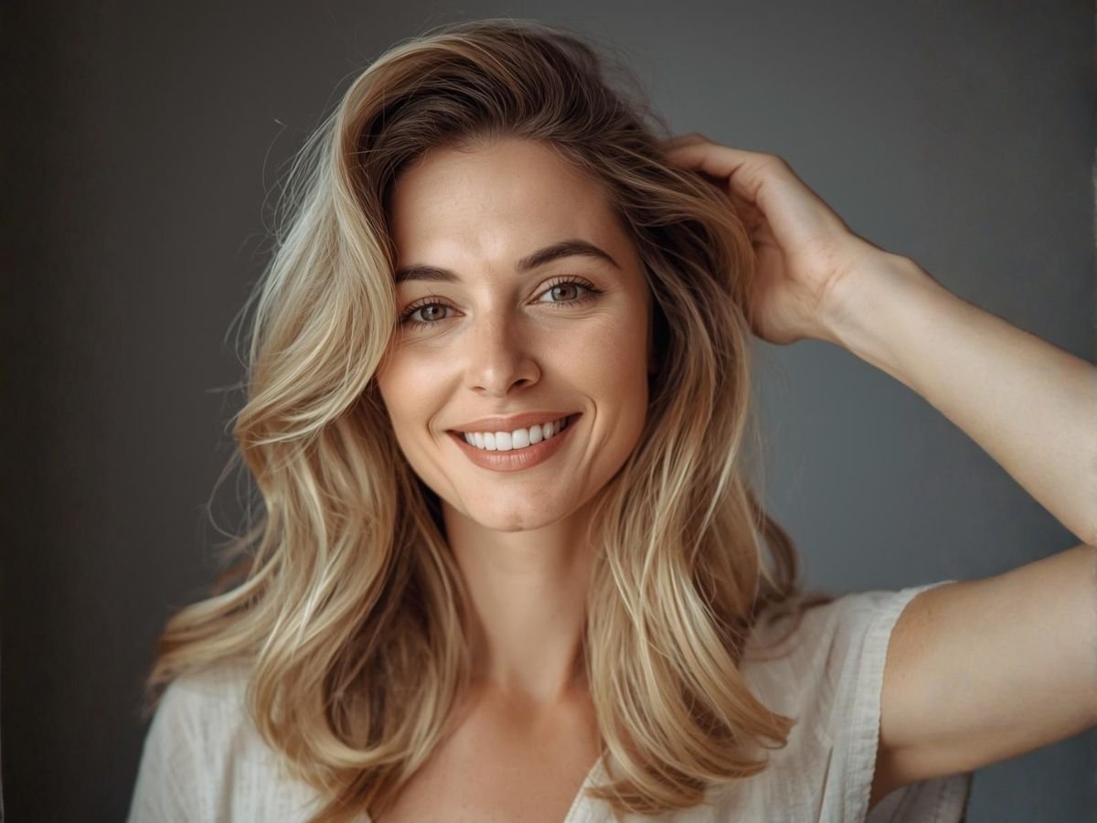 Woman smiling with natural blonde hair shoulder length after getting highlights done in a salon.