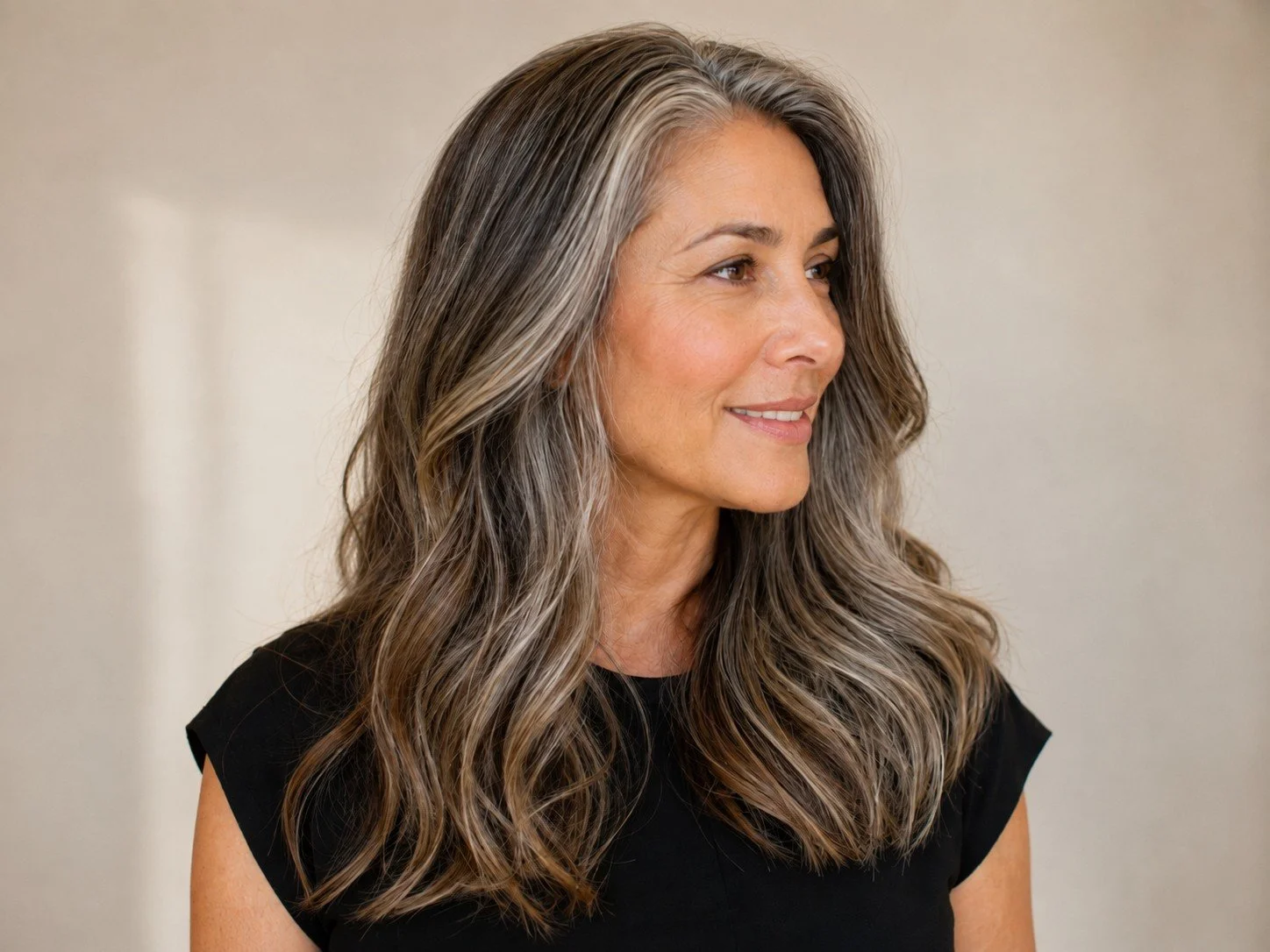Woman with salt and pepper gray blending hair color.