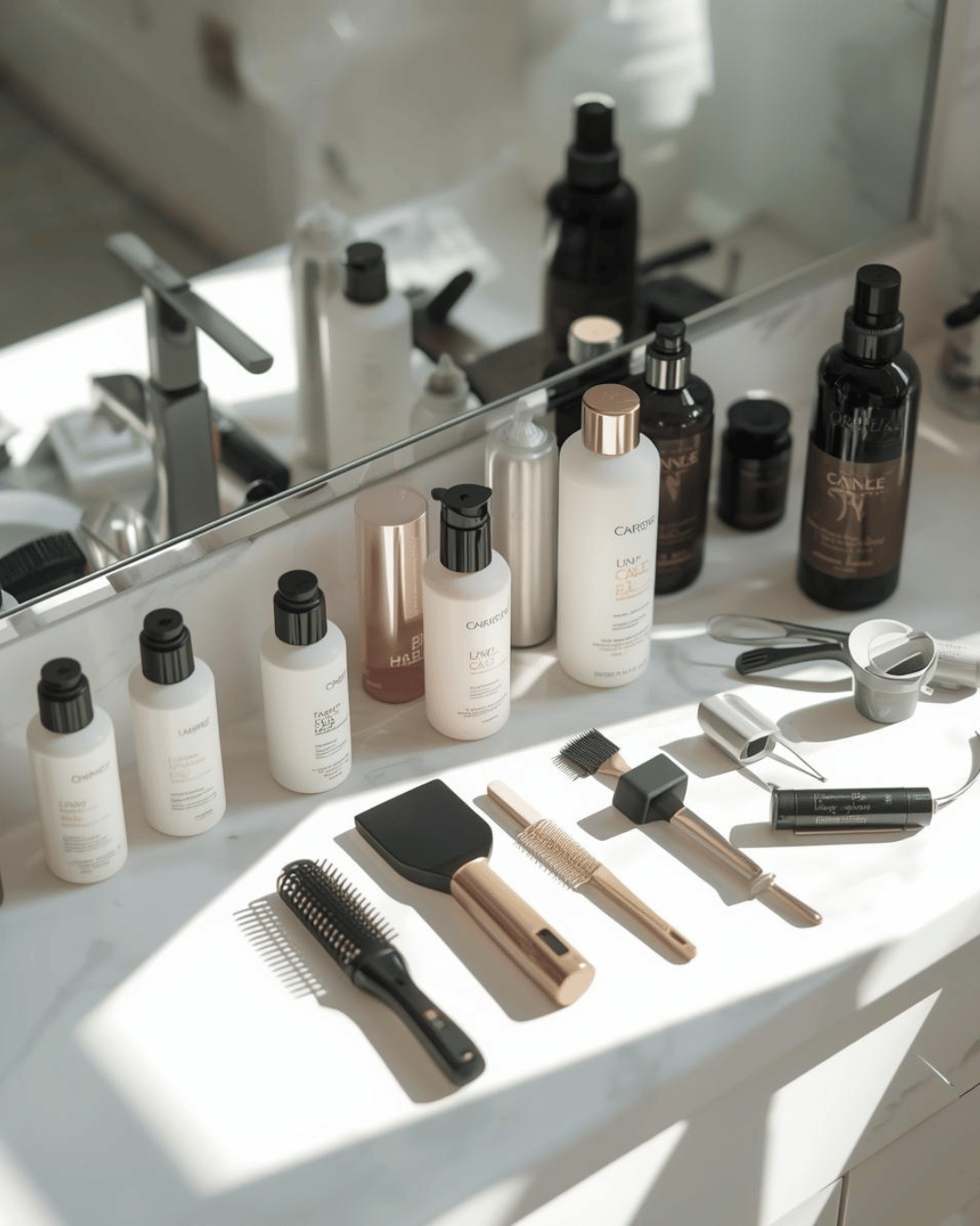 Hair care products on a bathroom counter, supporting simple, low-maintenance hair routines.