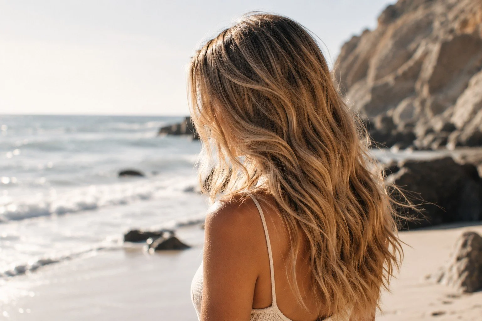 Woman on the beach with sun kissed blonde hair.