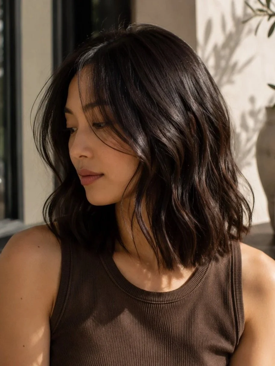 Woman standing in sunlight showing her shoulder length brunette hair.