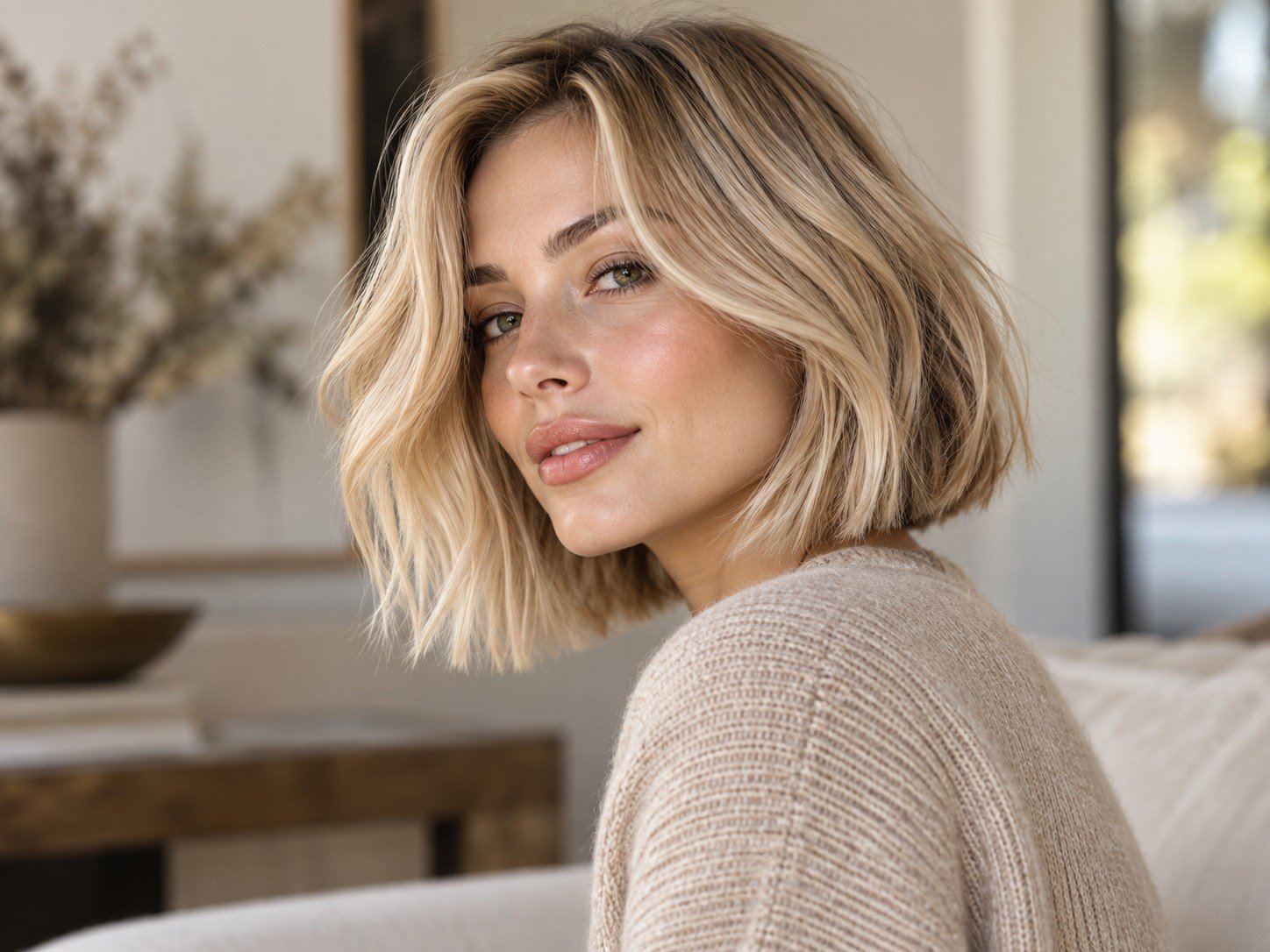 Blonde chin-length bob with soft texture and face-framing layers