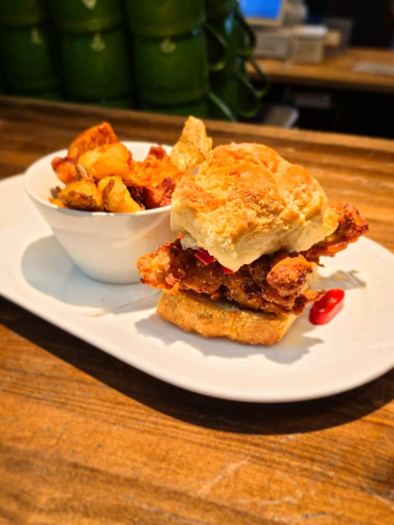 Weekend brunch special. Today, tomorrow, Sunday. 

Fried Chicken Biscuit
Hot honey, pickled peppers, fried chicken, buttermilk biscuit

#brunch #barrett&rsquo;s #iowacity #coralville #northliberty