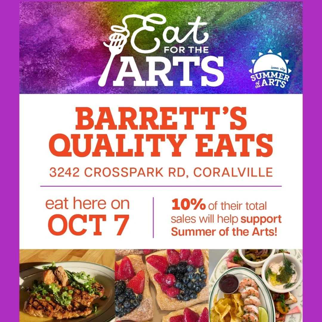 Come grab a bite or a beverage today! 10% of all sales will go to Summer of the Arts!!!

#SummeroftheArts #Barretts #Coralville #IowaCity