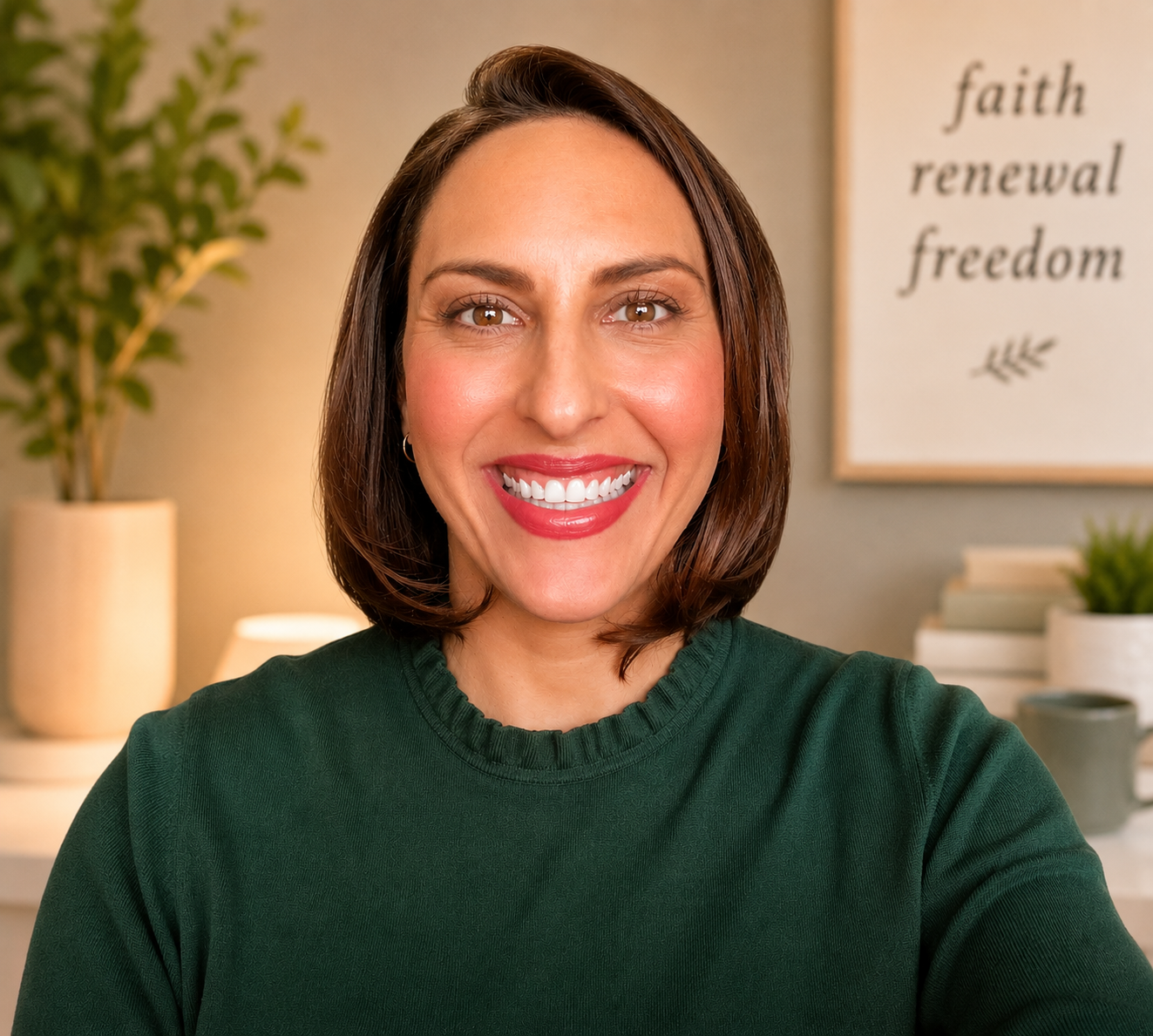 Smiling woman with shoulder-length brown hair wearing a green sweater in a cozy room with houseplants and a wall decor that reads 'faith, renewal, freedom'