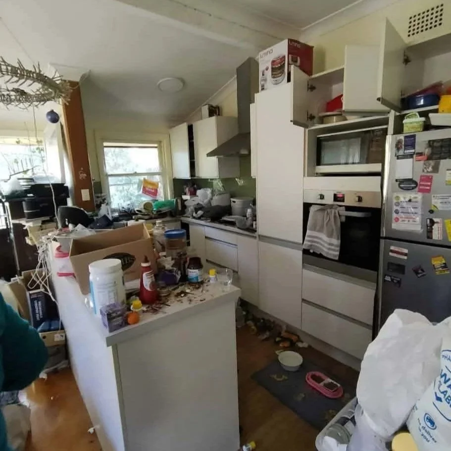 Messy kitchen with cluttered countertops, open cabinet doors, and a refrigerator covered with magnets and notes.