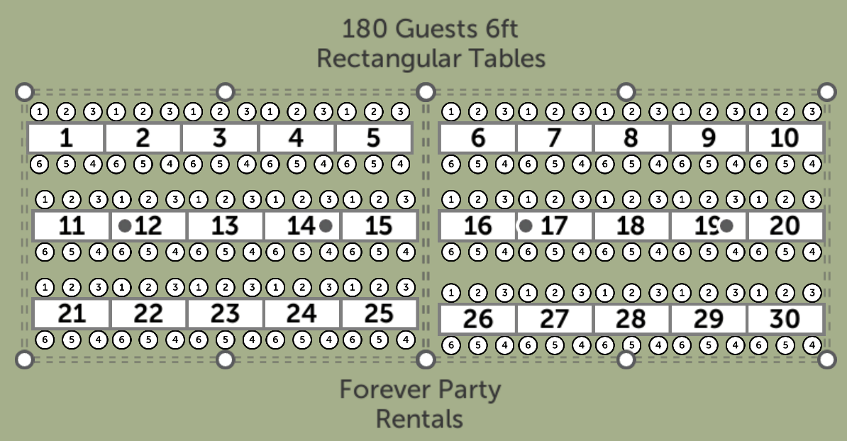 Seating chart for a venue with 180 guests, 6 feet apart, with rectangular tables numbered 1 to 30, arranged in four sections. Each seat is labeled with a number from 1 to 6.