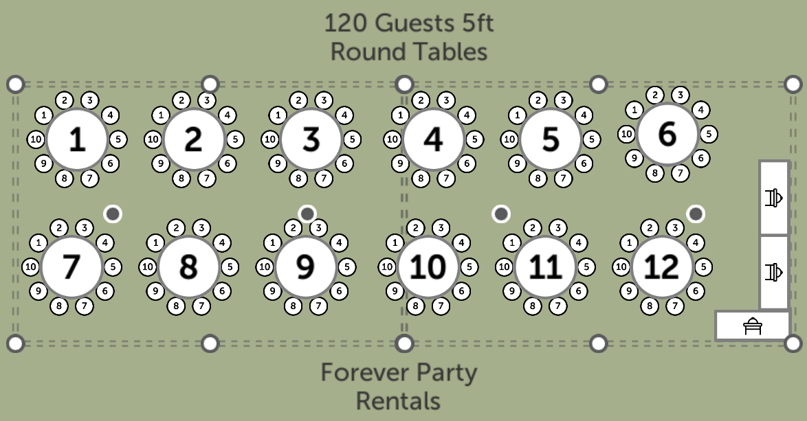 Diagram of a round table layout with 12 tables numbered 1 through 12. Each table has 10 seats marked by small circles numbered 1 to 10, indicating seating positions. The layout includes labels for 120 guests, 5 feet apart, and mentions "Forever Party Rentals."