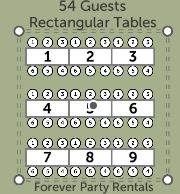 Seating chart for 54 guests with three rectangular tables labeled 1 through 9, arranged in three rows. Each table has numbered circles around it indicating seat positions. The infographic is titled "54 Guests Rectangular Tables" and has the logo "Forever Party Rentals" at the bottom.