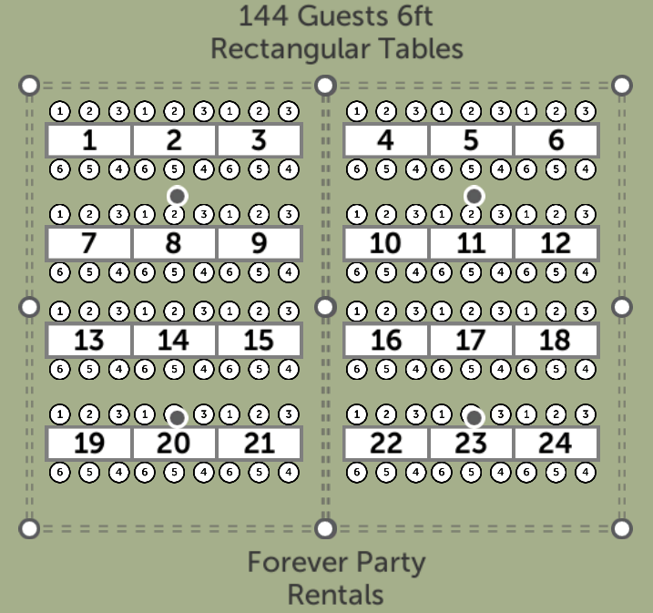 Seating chart with 24 numbered rectangular tables arranged in four columns, labeled as for a 144 guest, 6-foot tables, for a forever party rental event.