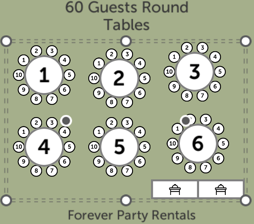 Diagram of six round tables for 60 guests, numbered 1 to 6, with seating arrangements around each table, and two tables with bench seating, titled 'Forever Party Rentals'.
