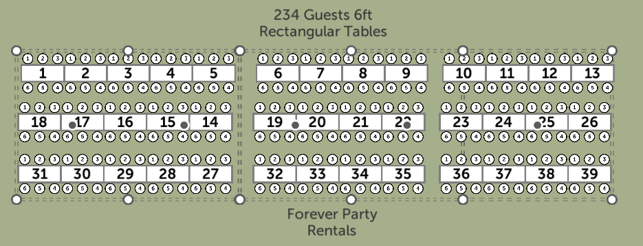 Seating chart for a venue with 234 guest capacity, featuring 6-foot rectangular tables numbered from 1 to 39, arranged in three sections, with a note for 'Forever Party Rentals'.