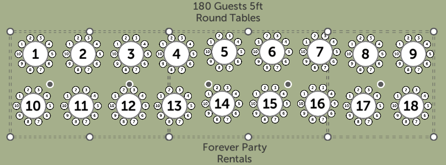 Seating chart for a party with 18 round tables, each seating 10 to 12 guests, arranged in a rectangular layout. There are 180 guest seats, and the tables are spaced 5 feet apart. The chart is labeled for a "Forever Party Rentals" event.