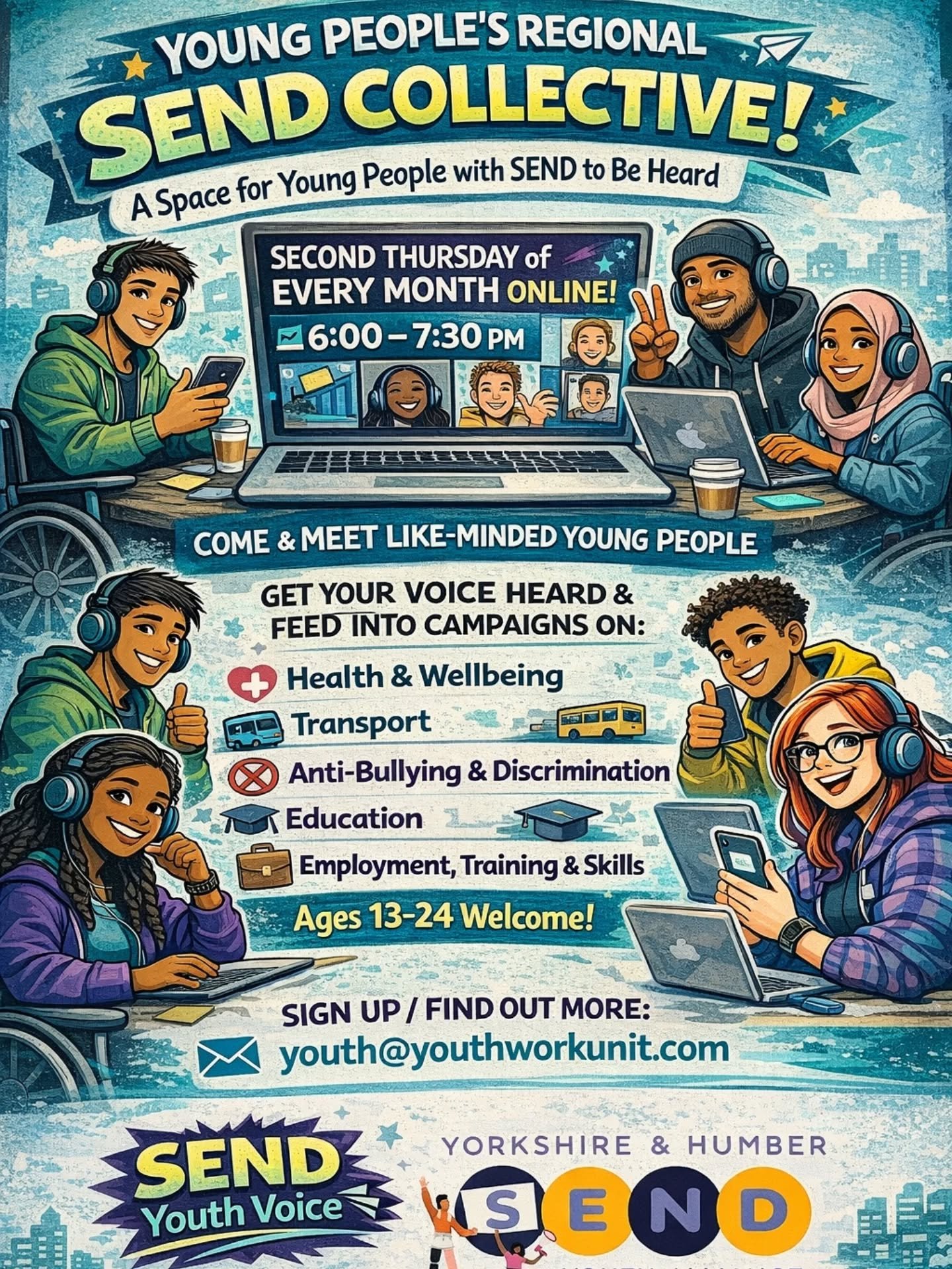 Come and join the Yorkshire and Humber Young people's SEND Collective 

On the Second Thursday of every month online 6-7.30pm 

Get in touch @youth@youthworkunit.com to find out more and get involved 🙌🏻 

#Yorkshireandhumbersendyouthalliance
#SENDy