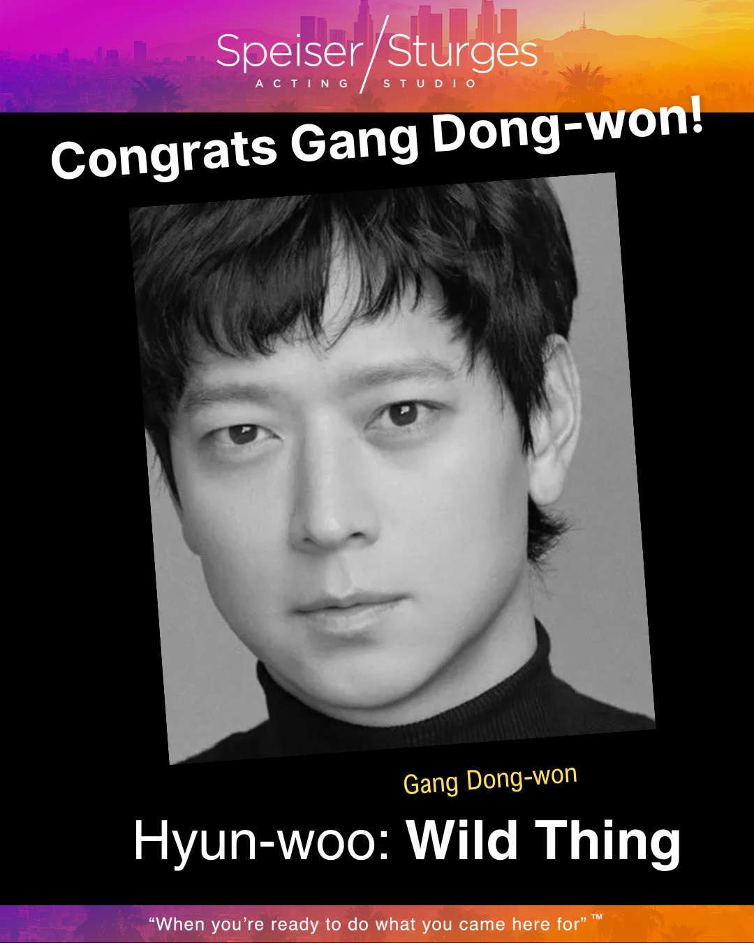 Black and white headshot of a young man with dark, wavy hair, wearing a black turtleneck. The background has text and colorful accents, with a city skyline illustration at the top. The text includes congratulatory message and a title about Hyun-woo, 