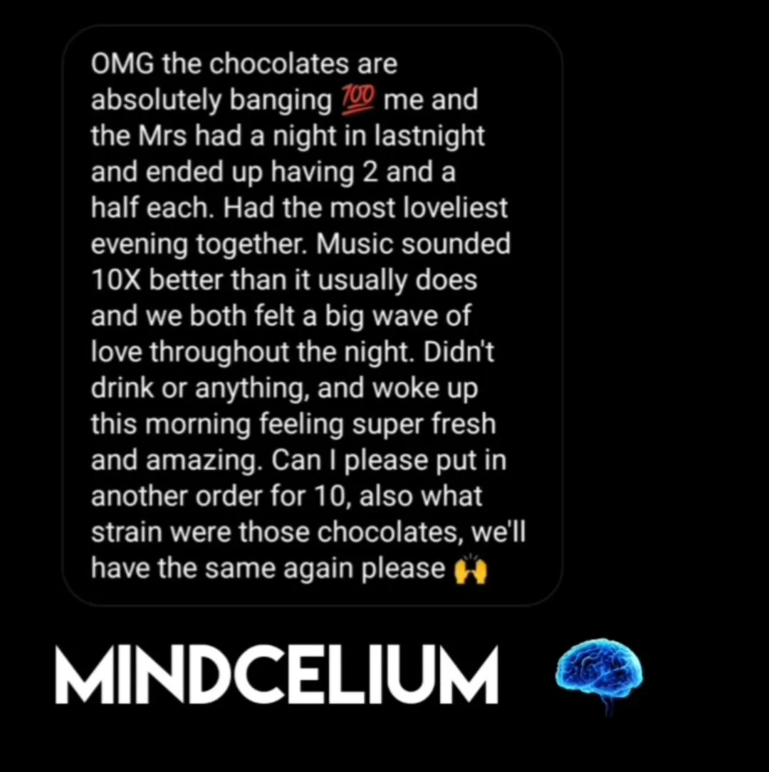 A screenshot of a social media post with a heartfelt message about a night with chocolates, music, and love, ending with a request to reorder chocolates. The post is from a user named Mindcelium, whose name appears at the bottom with a brain graphic 