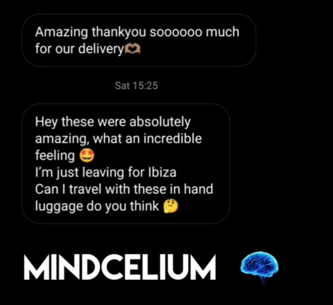 Image of a text message conversation expressing gratitude and excitement about travel, with the word "MINDCELIUM" and a brain emoji at the bottom.
