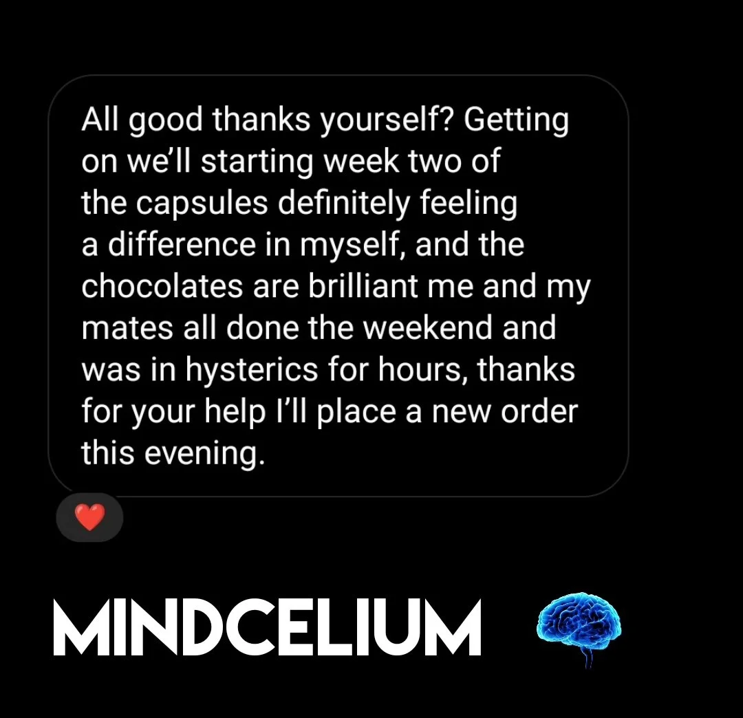 A screenshot of a text message discussing taking capsules and chocolates, with a red heart emoji and the word "MINDCELIUM" in bold letters accompanied by a blue brain illustration.