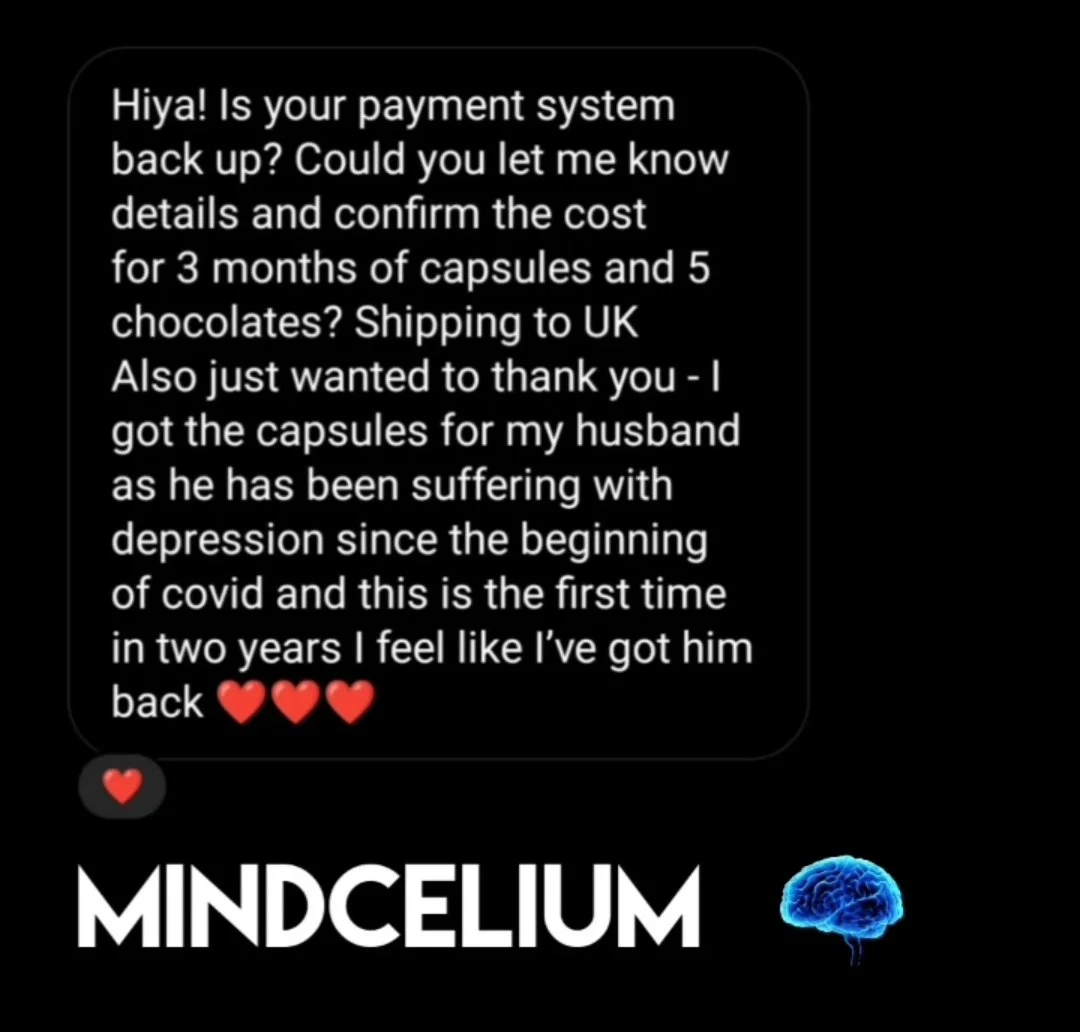 A screenshot of a testimonial message about mental health and supplements, with a logo that says MINDCELIUM and a blue brain icon.