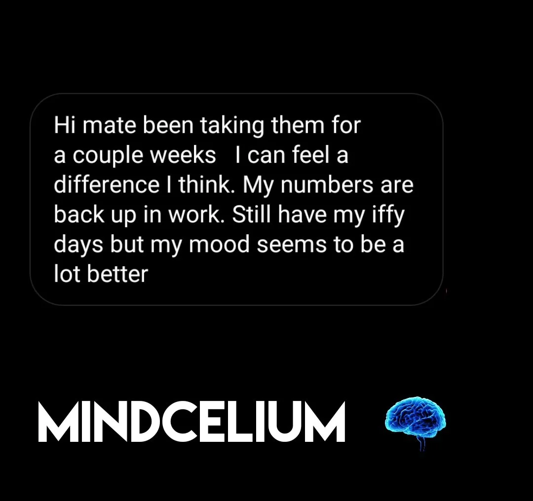 Text message discussing health progress with the word 'MINDELUM' and a blue brain graphic