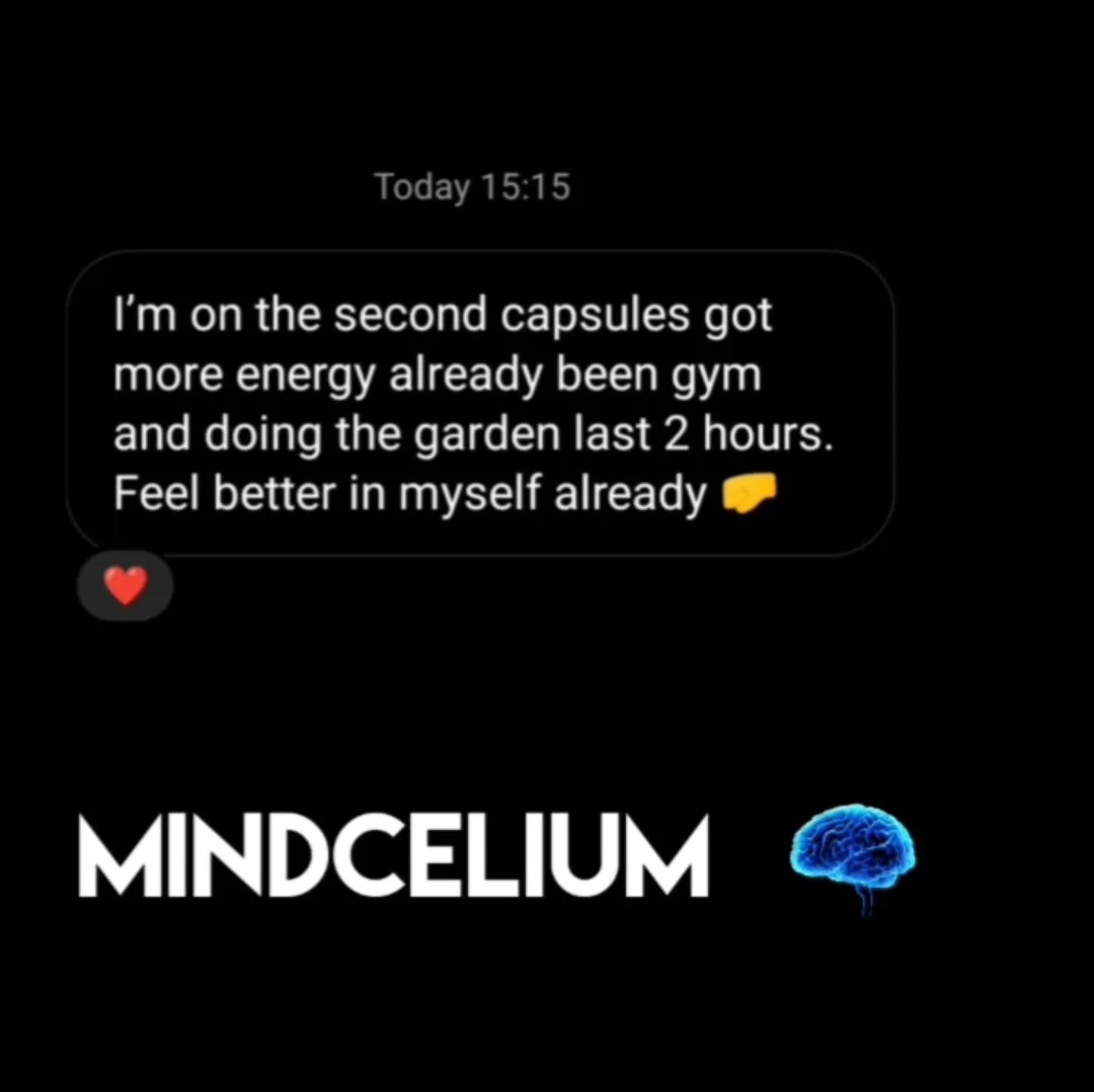 Text message discussion mentioning being on capsules, going to the gym, and gardening, with the word "MINDCELIUM" and a brain icon below.