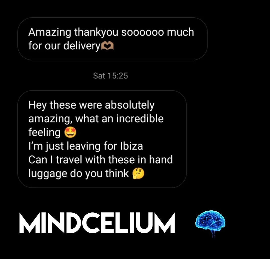 Screenshots of two positive messages about a delivery, with a black background, and the word "MINDCELIUM" with a blue brain icon at the bottom.