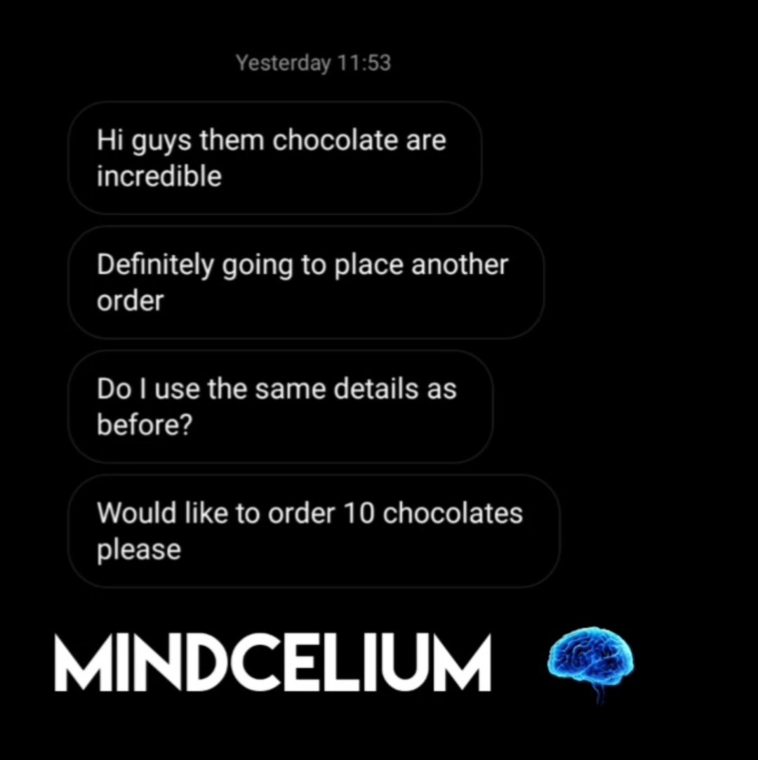 Chat conversation with messages about ordering chocolates, ending with the word 'MINDELIMUM' and a blue brain graphic.